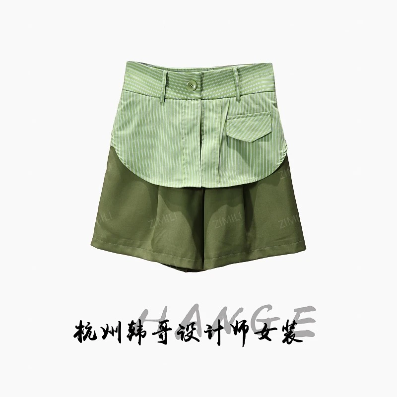 【韩哥女装】2025设计师系列欧版军绿条纹拼布阔腿短裤9088