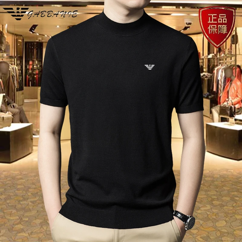 专柜正品春秋季男士短袖羊毛圆领针织T恤中年纯色半高领薄打底衫