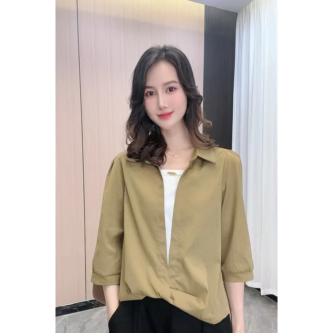 MM假两件拼色衬衫女春夏新款翻领拼接显瘦韩版减龄2565