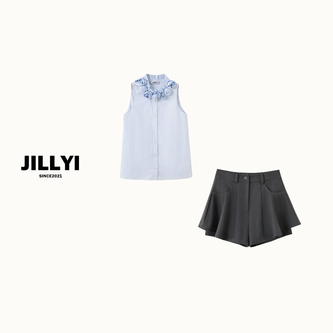 JILLYI南山店【蓝色雨季】+【格雷浅灰】蓝色条纹花朵衬衫+灰色高腰半