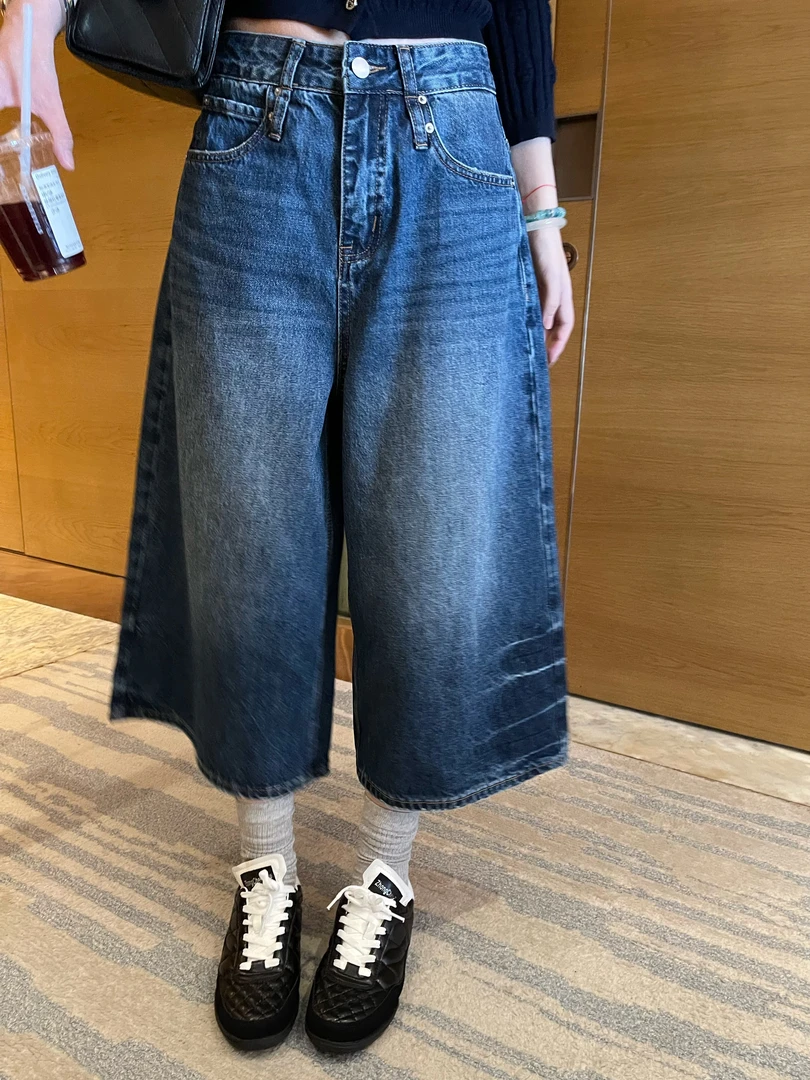 浅蓝直筒休闲中裤 牛仔短裤宽松秋