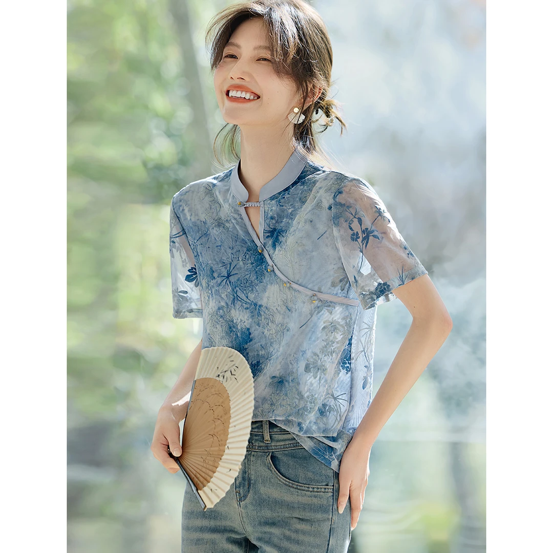 XWI/欣未【浮兰雅韵】25夏季新中式晕染网布立体植绒短袖衬衫3038