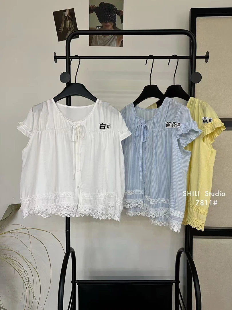 十里@7811 韩系纯色系带花边拼接小衫上衣 6-12