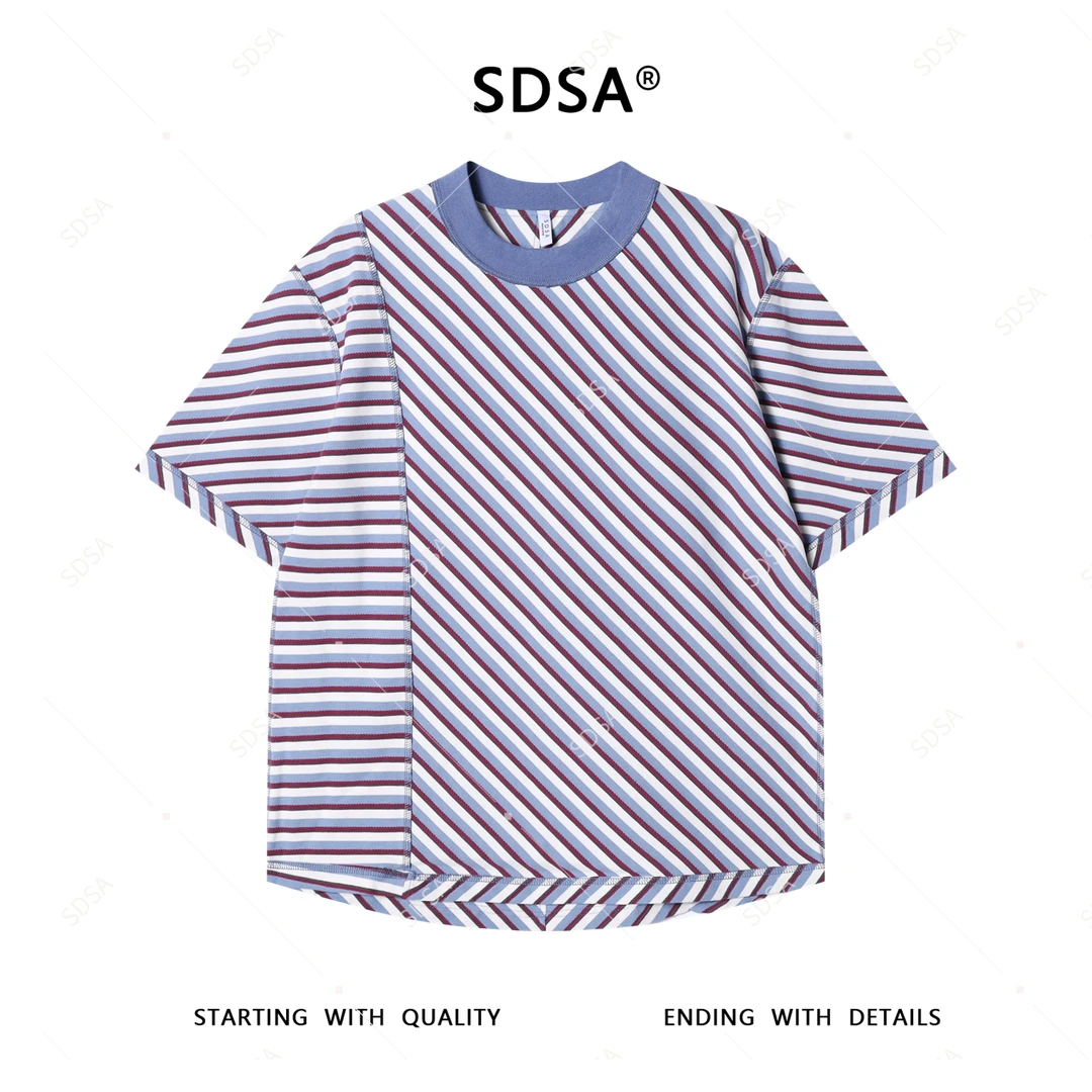 夏季高级感新款男士美式撞色斜纹短袖T恤下摆不规则设计圆领上衣