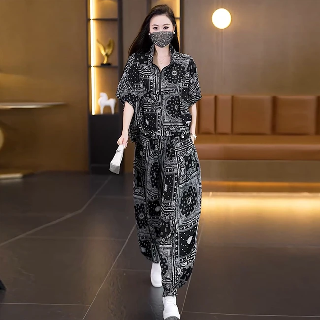 2025年洋气大码女装套装胖MM印花时尚休闲宽松显瘦哈伦裤两件套