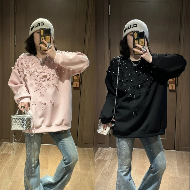 YDFSTUDIO小众【揉碎春光】欧货立体钉珠亮片设计时尚百搭卫衣女