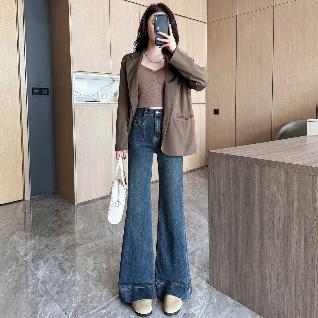 小个子定制春款小个子大阔腿牛仔裤女弹力修身微喇裤显瘦拖地裤