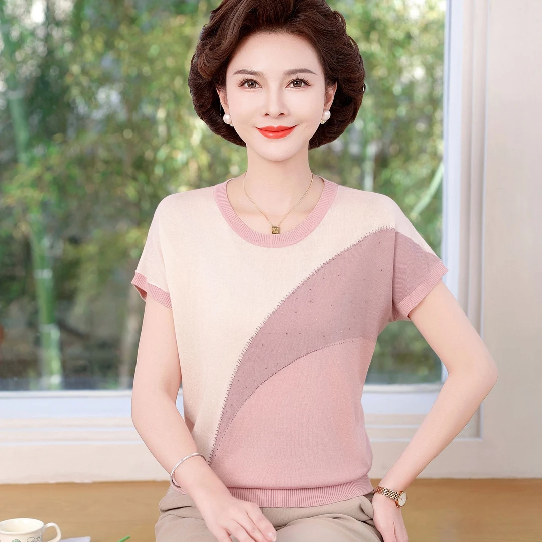 中年妈妈装夏装短袖T恤洋气冰丝衫中老年女衣服夏季时髦气质上衣