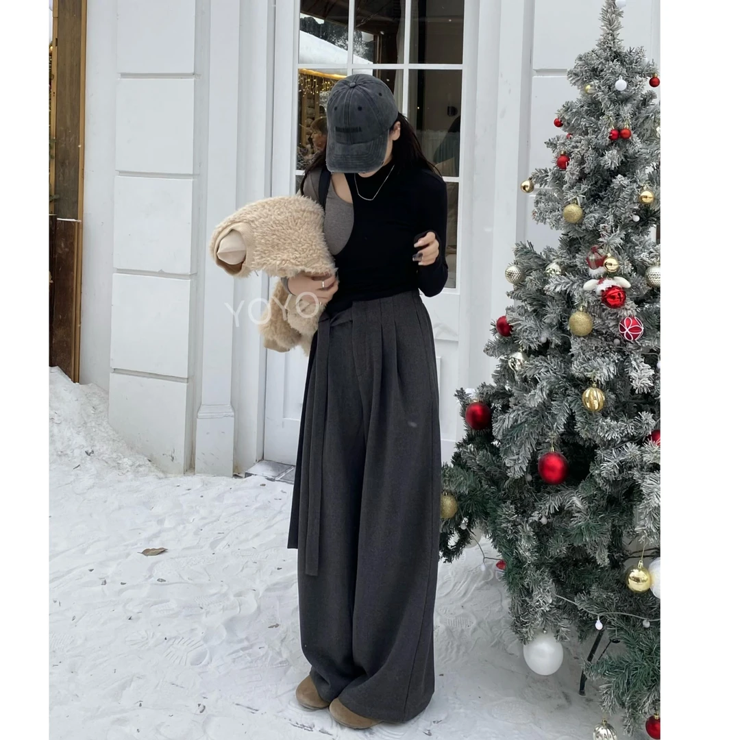 YOYO自制【呢子裤】加厚显瘦休闲垂感慵懒呢子拖地阔腿裤