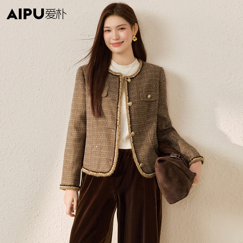 爱朴品牌大码女装秋季新款洋气时尚显瘦高级感小香风短外套23313