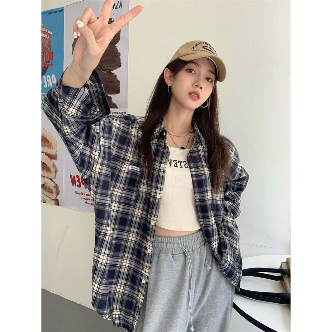 复古新款韩版磨毛休闲格子显瘦衬衫长袖开衫上衣女衬衣