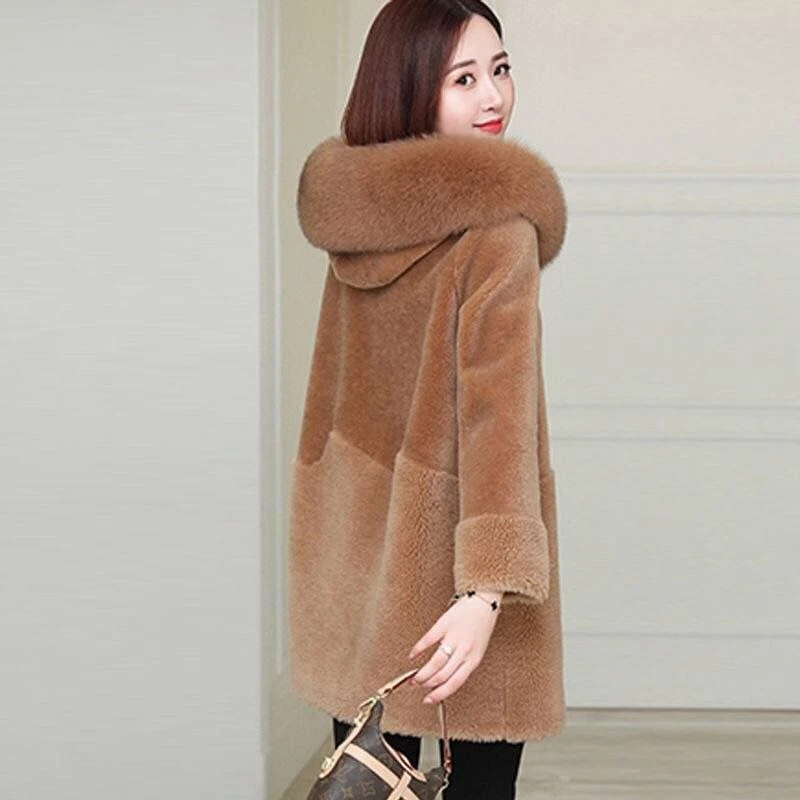 人造皮草 女士羊剪绒外套短款大毛领连帽颗粒羊羔毛大衣秋冬韩版