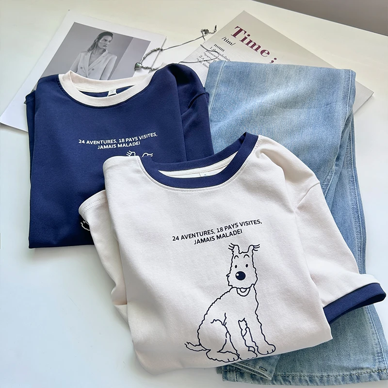 百搭撞色夏季圆领短袖T恤卡通小狗印花简约时尚大码宽松女装上衣