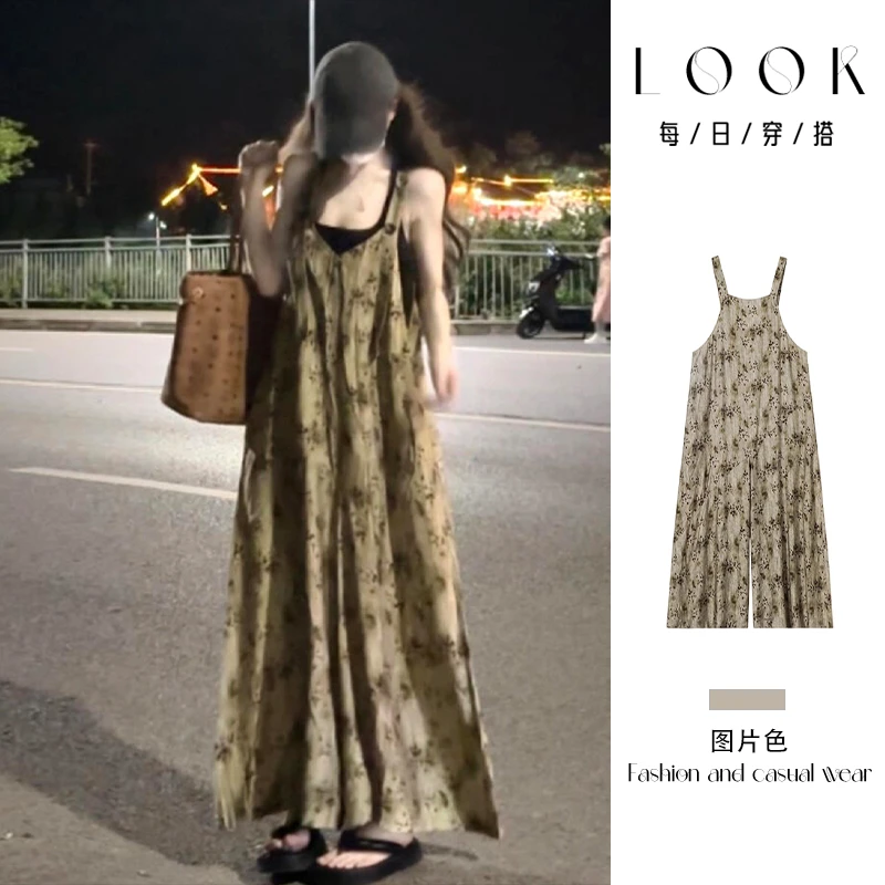 2025新款新中式复古印花背带连衣裙子女夏季慵懒风休闲吊带长裤裙