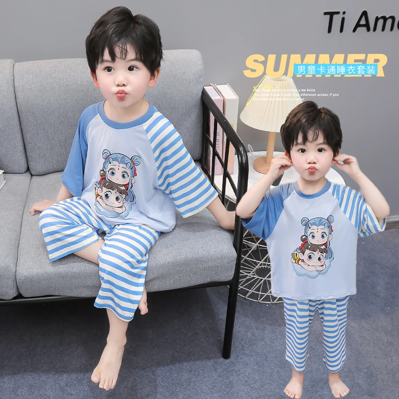 男童家居服睡衣夏季2025新款男宝宝莫代尔哪吒敖丙卡通空调服套装