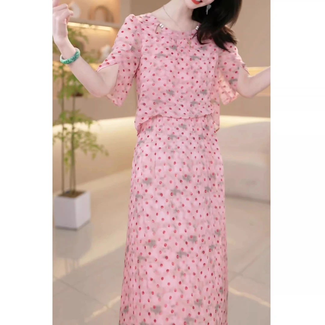 夏季新品2025优雅百搭减龄波点中长裙温柔甜妹气质百搭中袖连衣裙