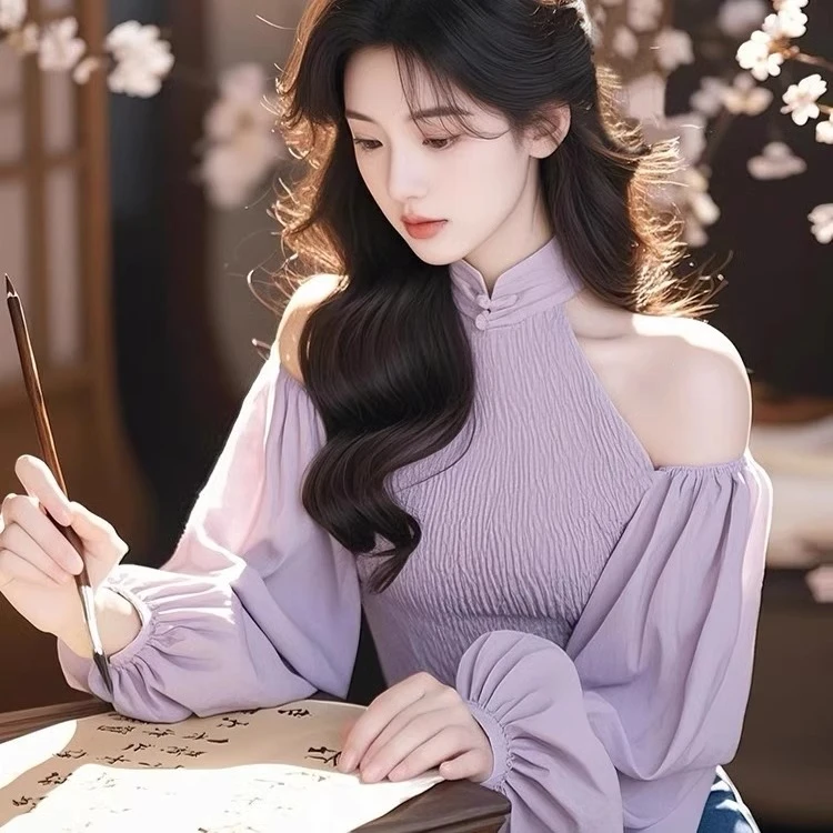 紫色高级感露肩设计感长袖衬衫女装春季立领洋气好看漂亮独特上衣