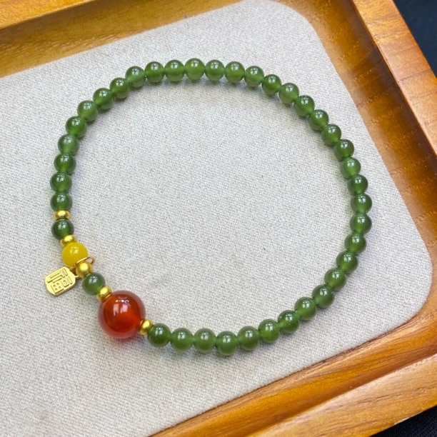 A584-李寻欢【和田碧玉4mm+财字坠】精美单圈手串-多样性发一