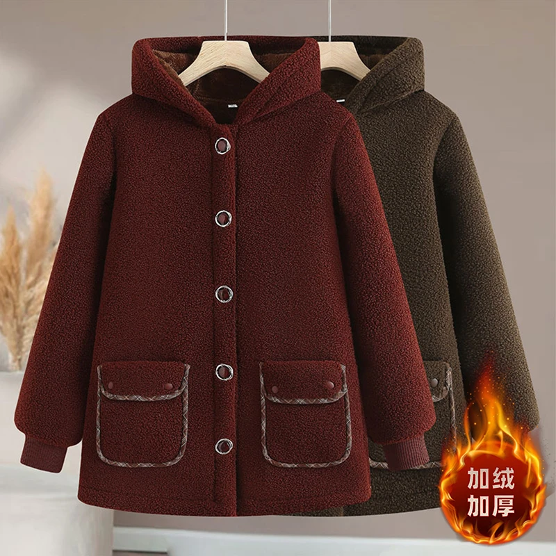 妈妈秋冬装加绒加厚羊羔绒棉衣中老年女装连帽颗粒绒防寒保暖外套