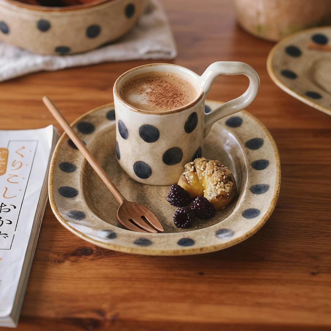 泽滕家盘杯套装ins风波点设计款咖啡拿铁拉花牛奶下午茶复古做旧