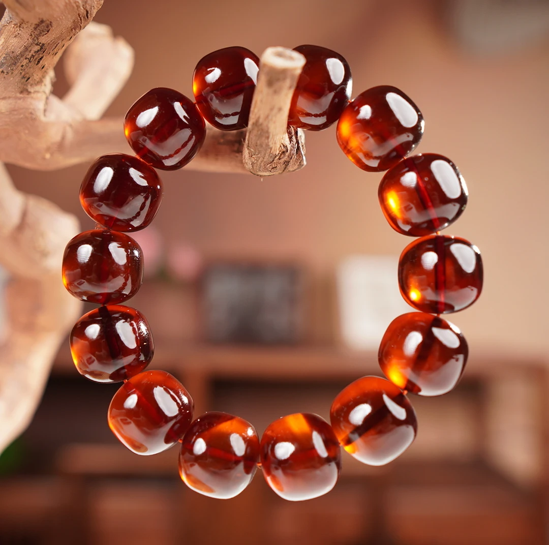 夏歌珠宝-15+缅甸琥珀酒红色老型精美时尚百搭单圈男女士手串手链
