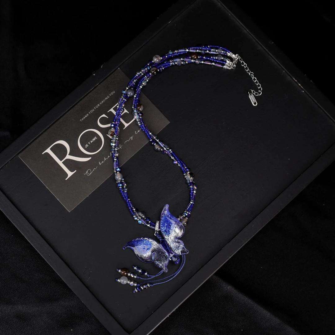 合金项链 LZ3837蓝色银箔蝴蝶三层小米珠琉璃项链