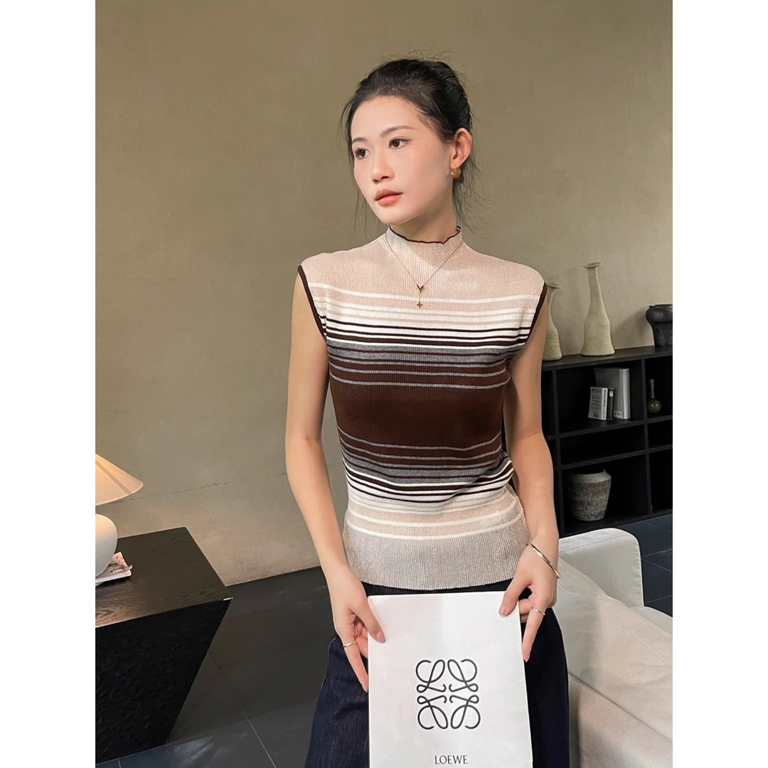 撞色半高领条纹针织吊带背心女内搭秋季气质外穿短款打底上衣高级