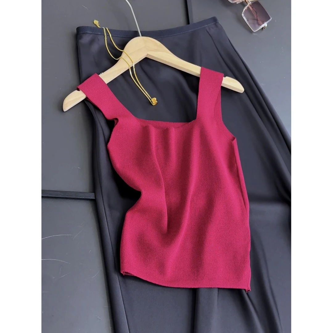 冰丝白色叠穿方领针织吊带背心女内搭夏打底法式别致无袖工字上衣