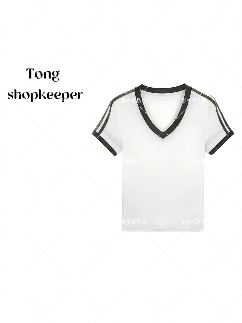 QJ/彤掌柜1681510 夏款25经典条纹拼接莱赛尔天丝羊毛v领气质上衣