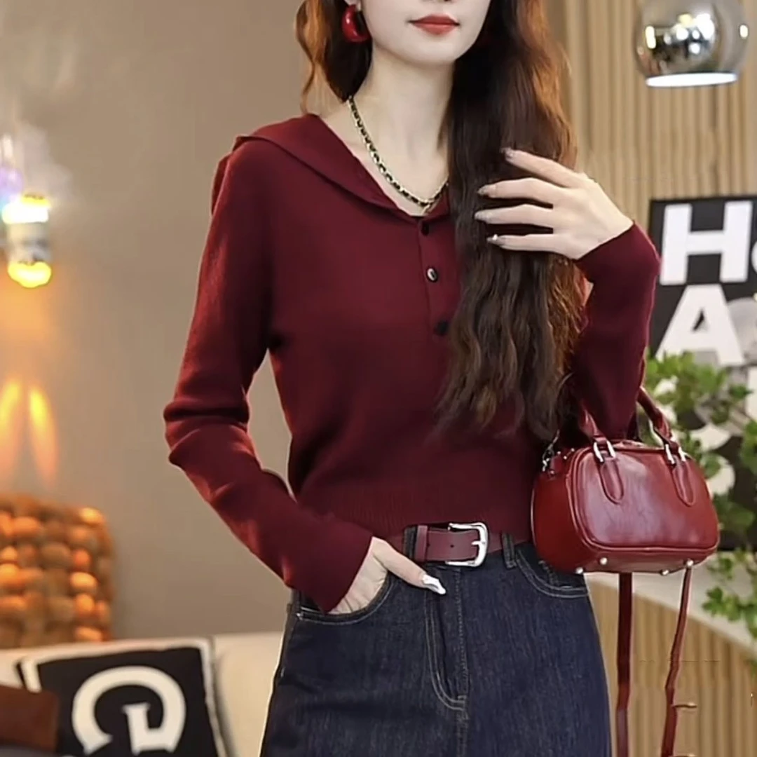 时尚连帽长袖针织衫2024早秋新款高级气质修身显瘦可打底上衣