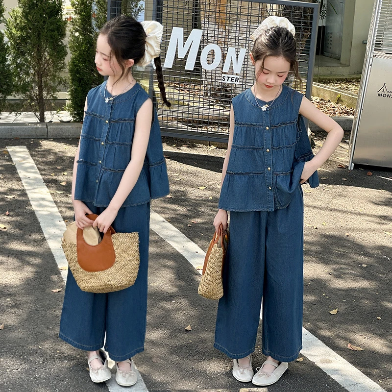 女童短袖牛仔套装夏装新款中大童网红韩版牛仔无袖衫阔腿裤两件套