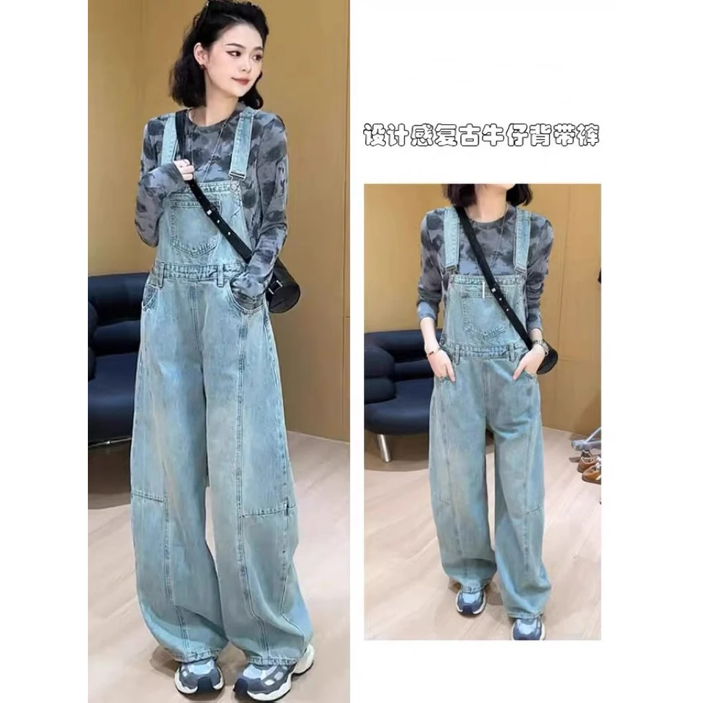 设计感复古牛仔背带裤女2025春季新款高腰宽松显瘦减龄阔腿连体裤