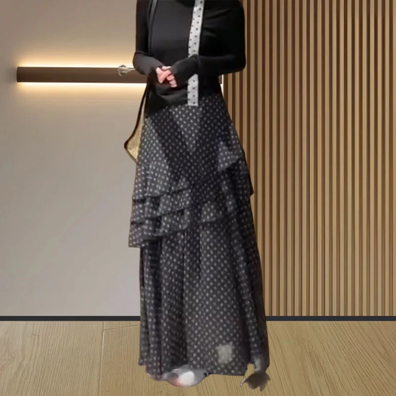 2025春季新款荷叶边中长裙大摆裙法式黑色波点a字设计感半身裙女