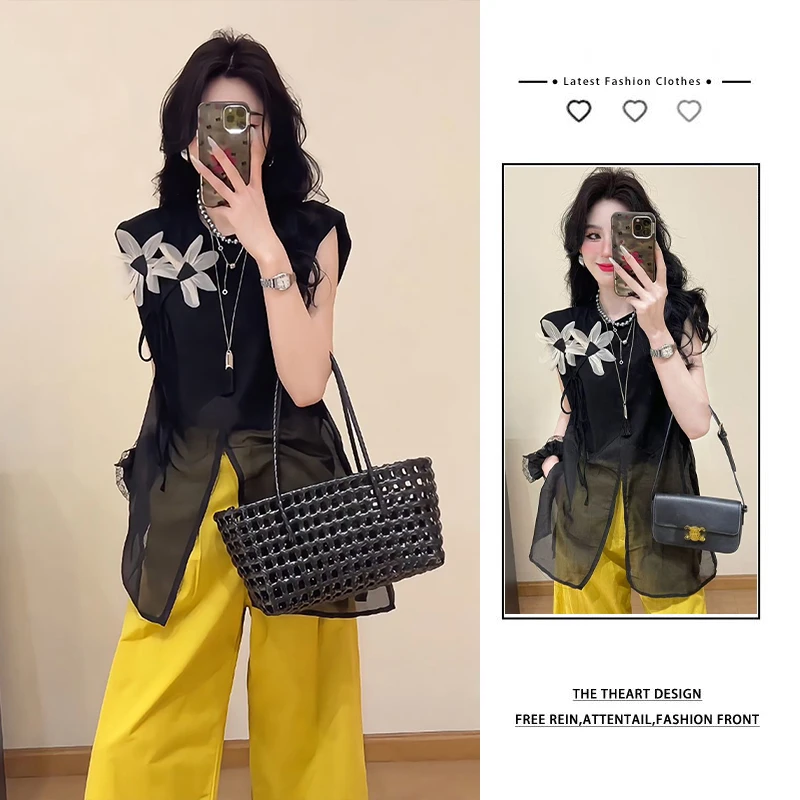 【芯芯专属】法式复古中长款拼接无袖衬衫花朵背心上衣显瘦九分裤