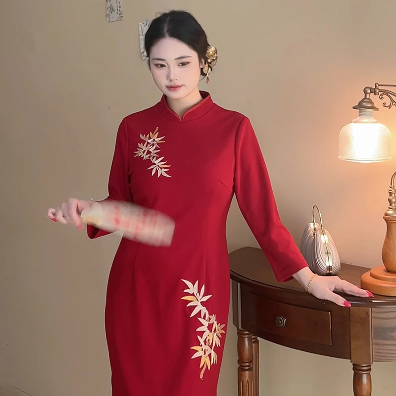 风华【自制款】秋季新品红色喜庆竹叶刺绣大码胖mm旗袍连衣裙结婚
