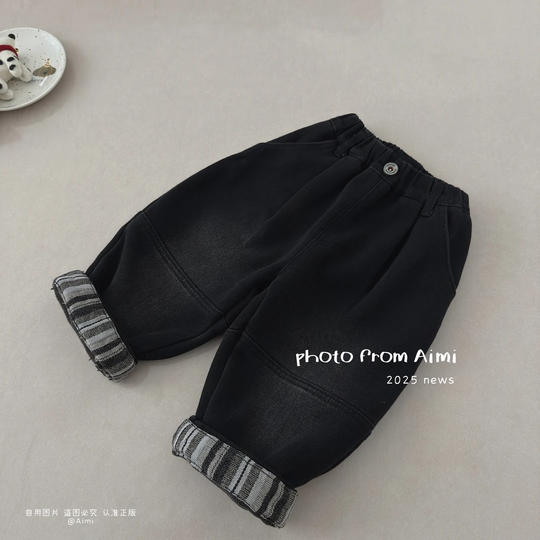 男童儿童一体绒格子边宽松2025冬季加绒拼接百搭牛仔裤潮