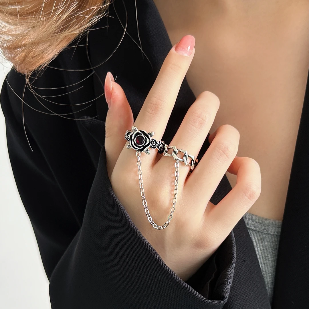 合金戒指 J0348-1复古玫瑰荆棘潮流戒指朋克个性小众设计做旧甜酷