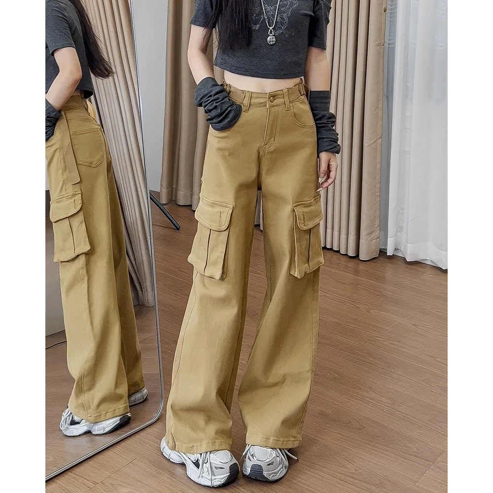 204卡其色工装牛仔裤女高腰显瘦多口袋设计感小个子百搭阔腿裤子
