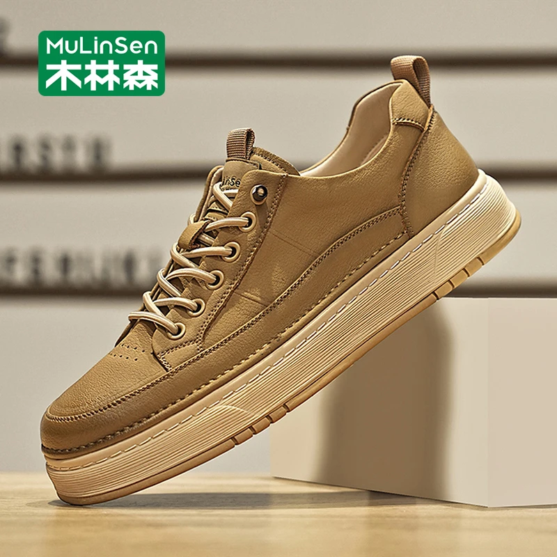 木林森男鞋2025新款秋季厚底耐磨增高皮面百搭男士运动休闲板鞋