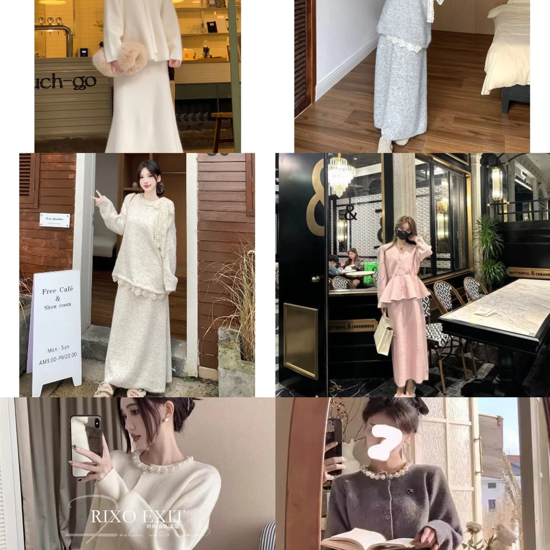 茶系小个子套装秋新慵懒风设计感丝带针织毛衣简A字半身裙套装女