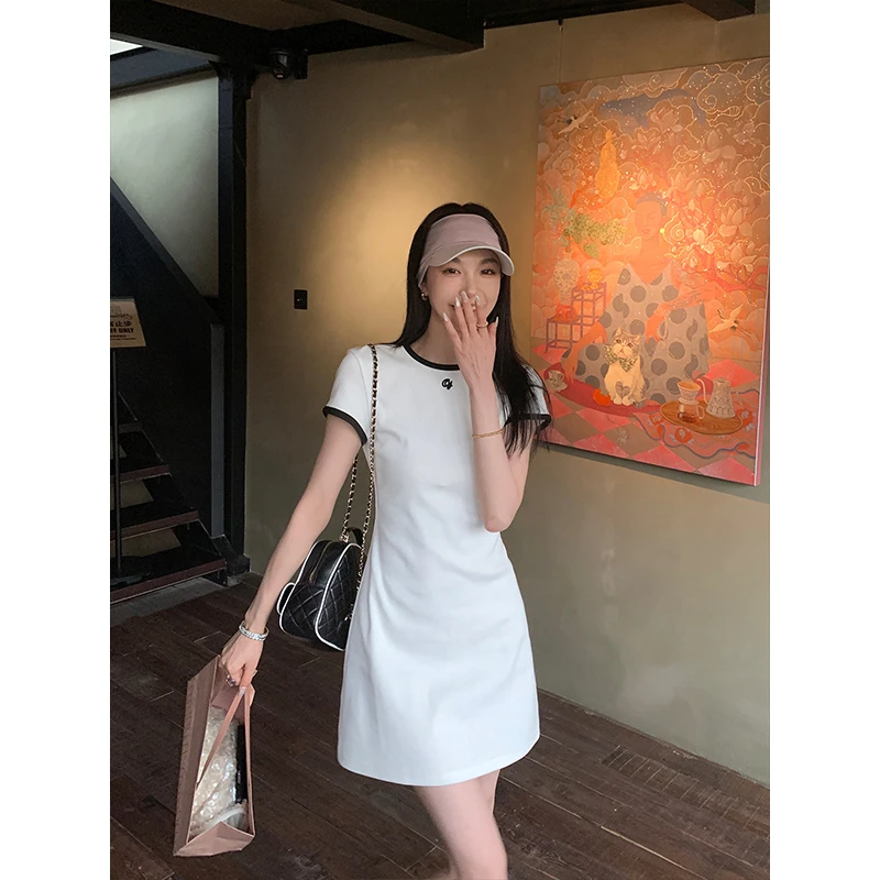 美式圆领纯色短袖T恤裙女夏季新款韩系潮牌小众设计感辣妹连衣裙