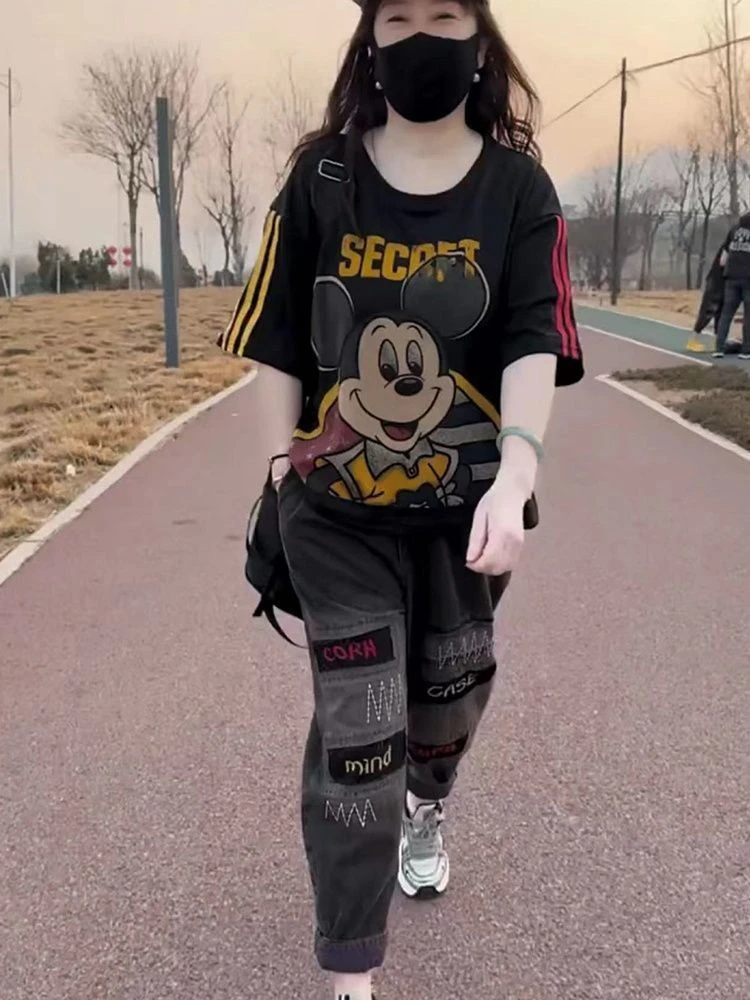 时尚两件套装女2025年夏季新款卡通印花T恤短袖+牛仔哈伦裤套装潮