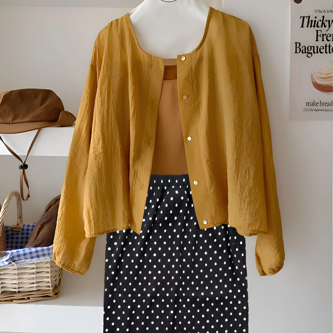 两件套夏装薄款透气防晒长袖衬衫百搭波点压褶直筒开叉半身裙套装