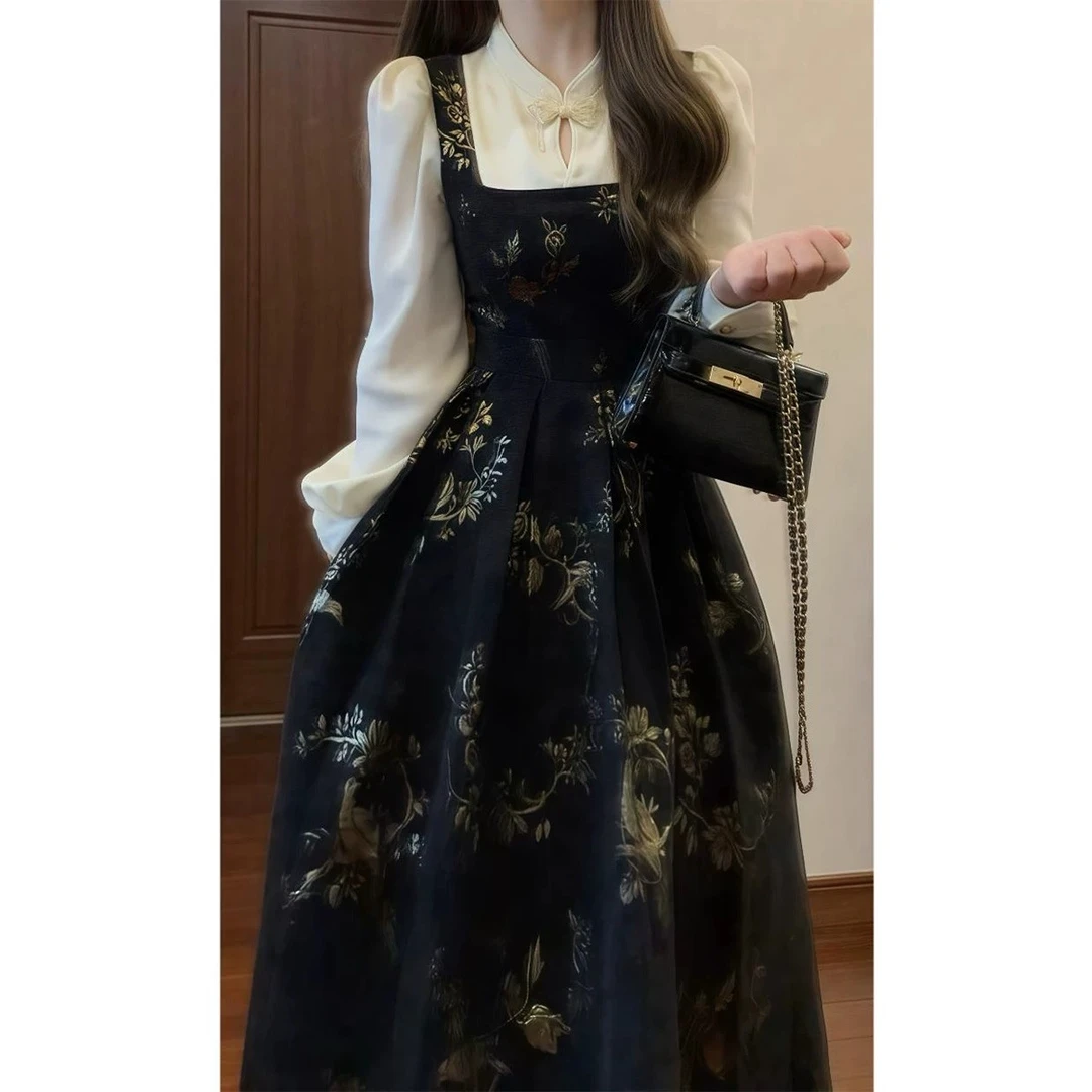 新中式国风黑色假两件连衣裙子女2024新款高级感气质收腰长裙8383