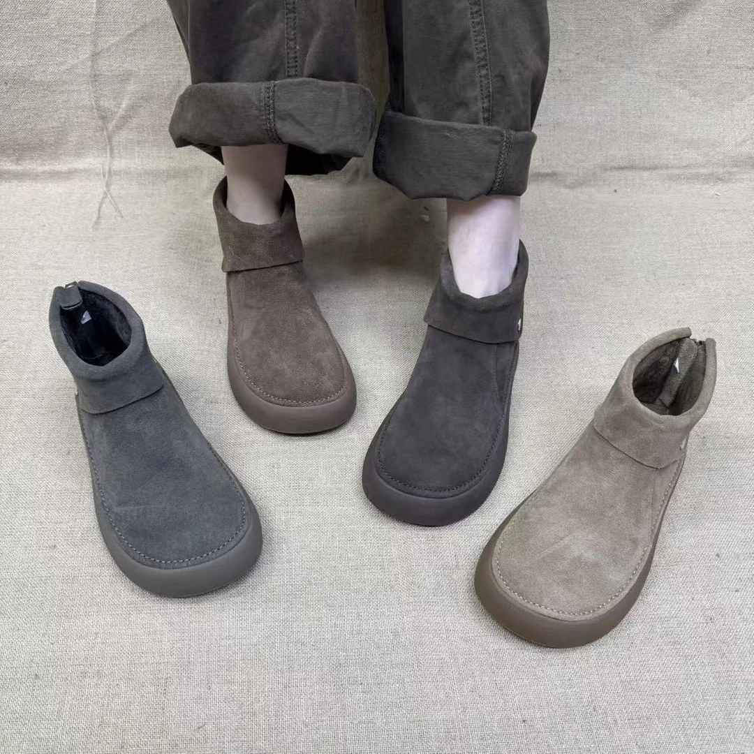 D28-626新款秋冬季加绒平底软面舒适短靴后拉链纯色复古百搭休闲