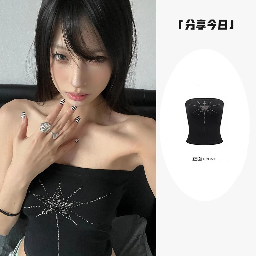 美式辣妹烫钻星星黑色抹胸女2025夏季新款设计感修身短款收腰上衣