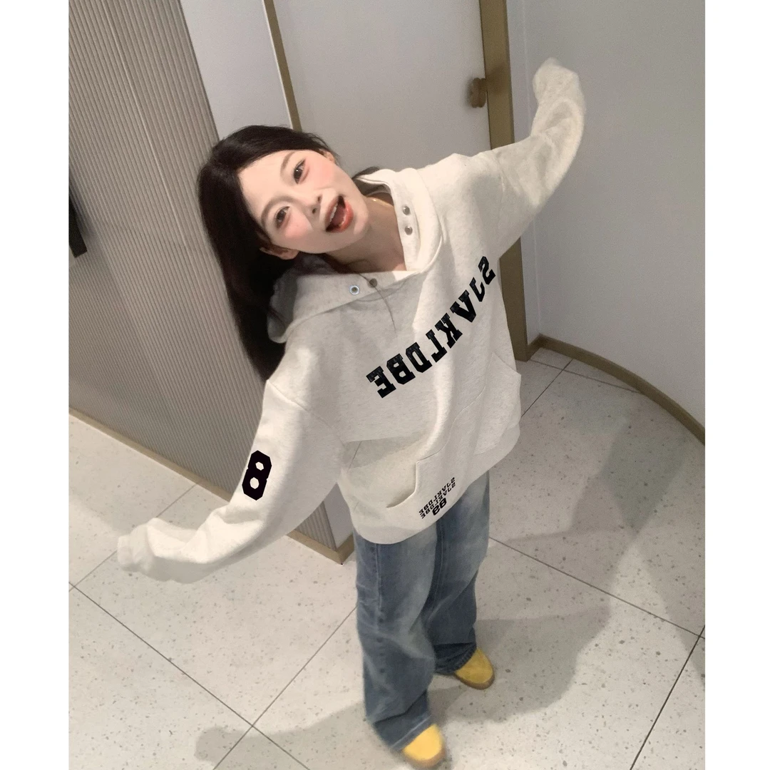 秋冬加绒加厚连帽卫衣情侣韩版慵懒风字母刺绣套头宽松上衣ins