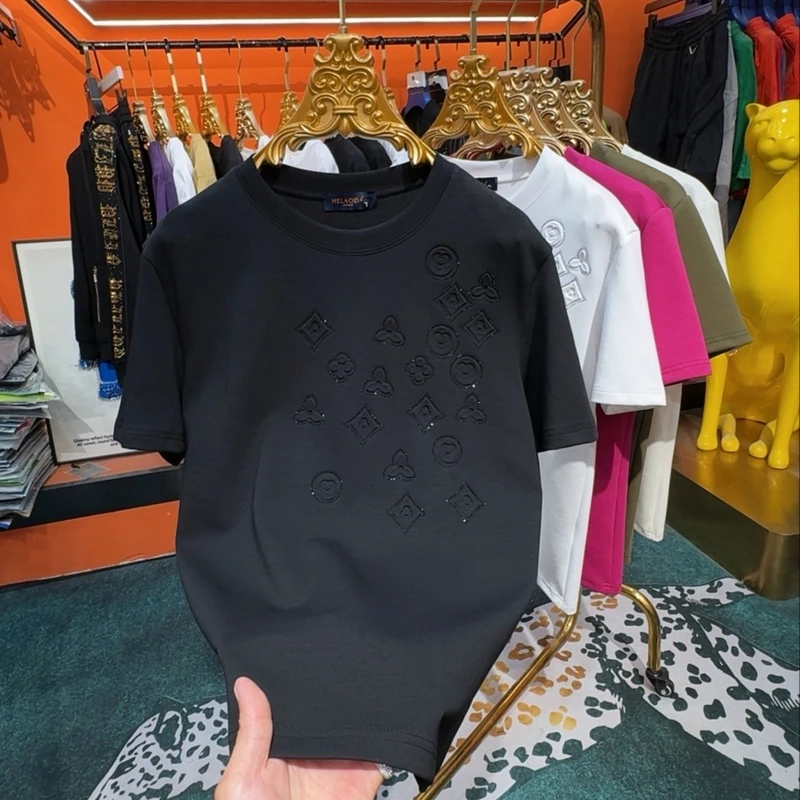 高级感  早春新款时尚烫钻圆领短袖T恤潮流轻奢百搭半袖男士2025