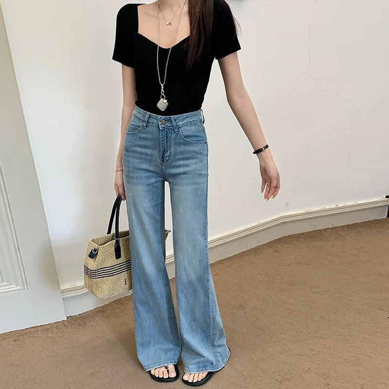 蓝色莱赛尔天丝微喇牛仔裤女2025薄款夏季显瘦宽松垂感直筒拖地裤