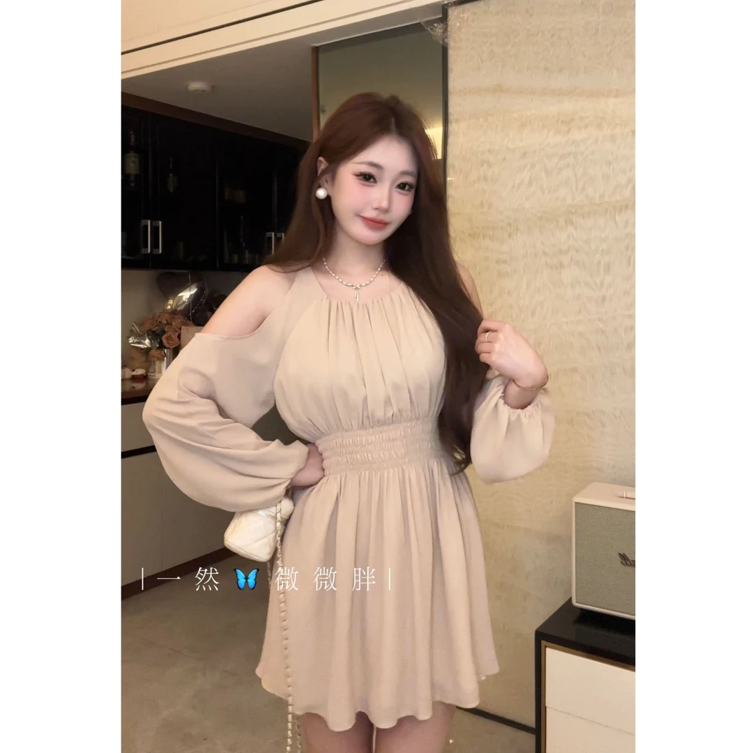 一然大码女装设计感露肩泡泡袖收腰中长雪纺连衣裙12532